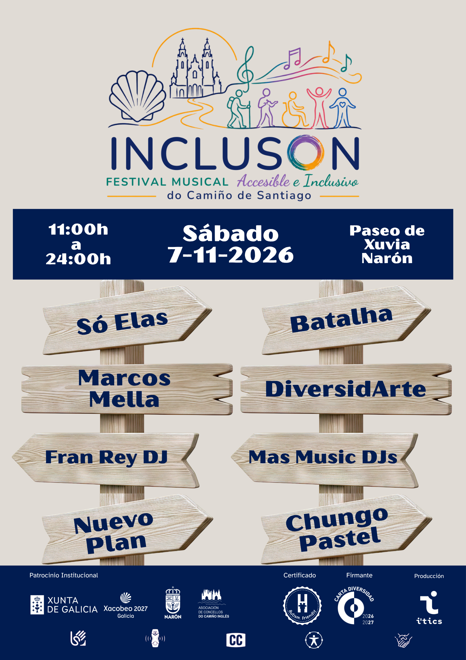 Cartel del festival Incluson con food trucks en Narón