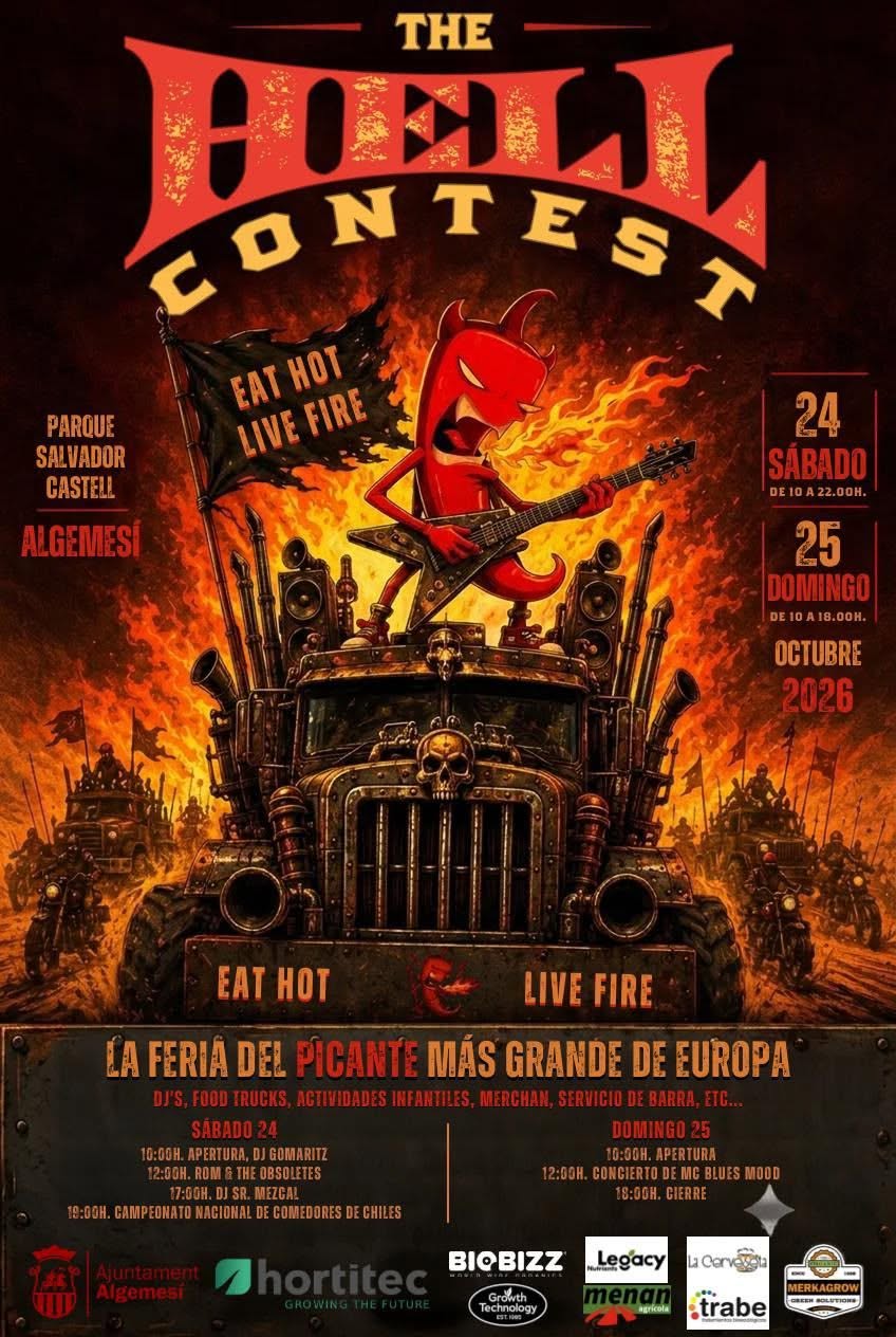Cartel de The Hell Contest 2026 en Algemesí, los días 24 y 25 de octubre, con food trucks, música y actividades infantiles.